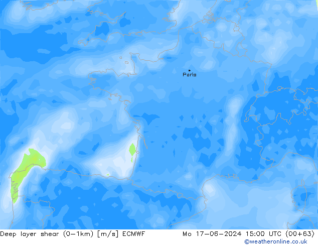 Deep layer shear (0-1km) ECMWF ma 17.06.2024 15 UTC