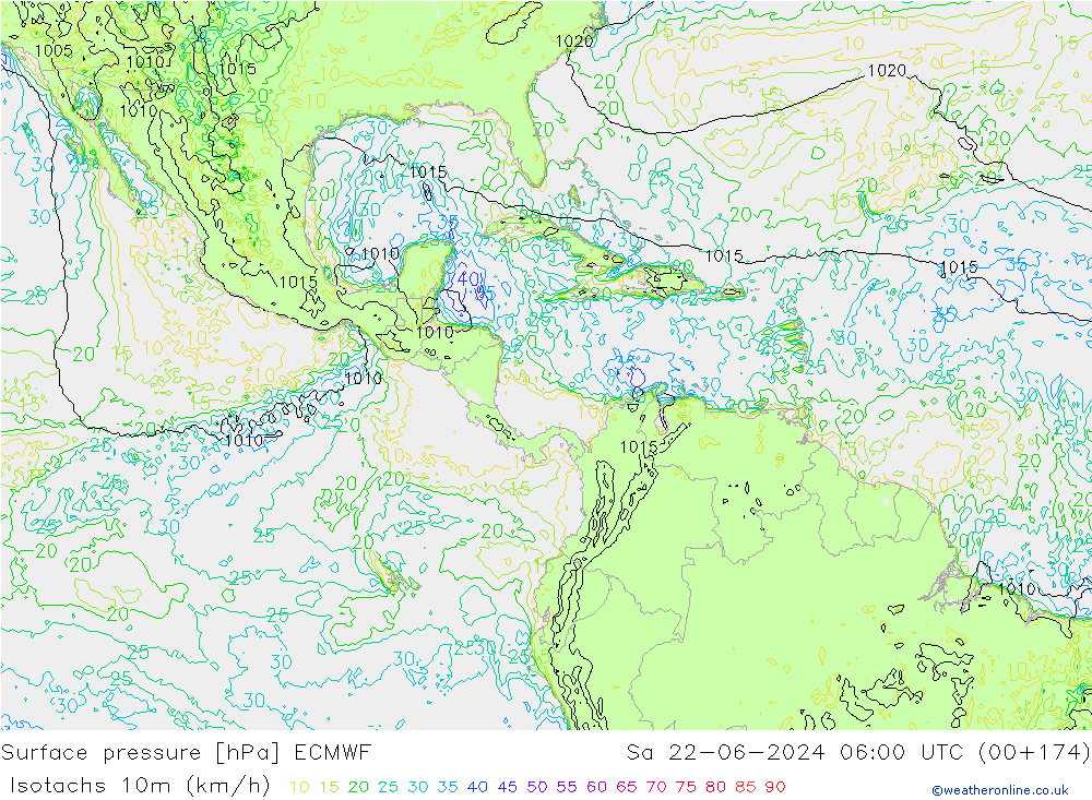 Isotachs (kph) ECMWF Sa 22.06.2024 06 UTC