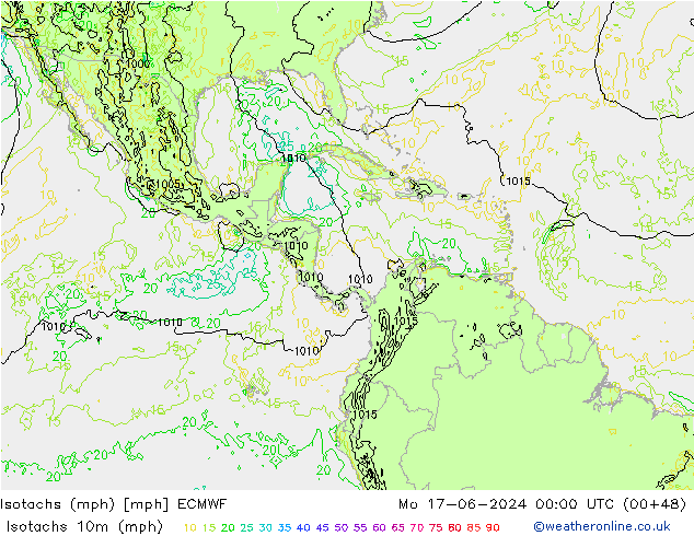 Isotachs (mph) ECMWF пн 17.06.2024 00 UTC