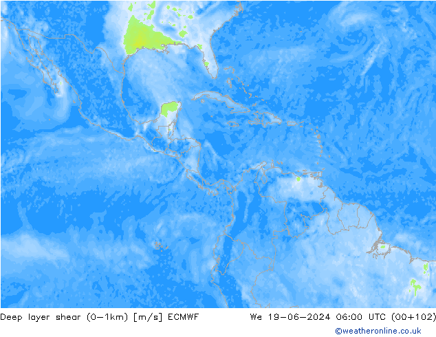 Deep layer shear (0-1km) ECMWF We 19.06.2024 06 UTC