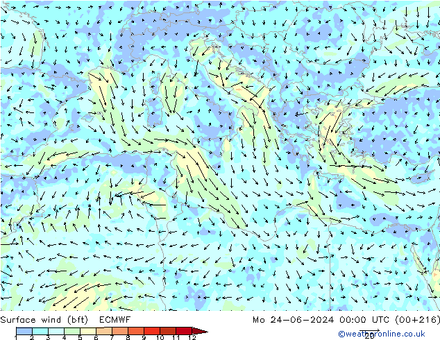 Surface wind (bft) ECMWF Mo 24.06.2024 00 UTC