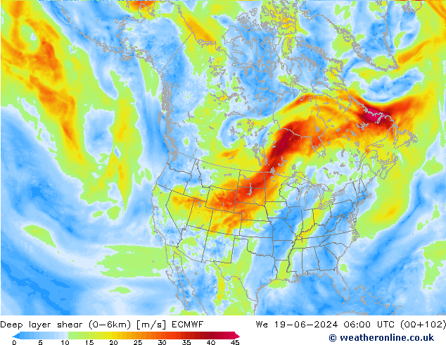 Deep layer shear (0-6km) ECMWF We 19.06.2024 06 UTC