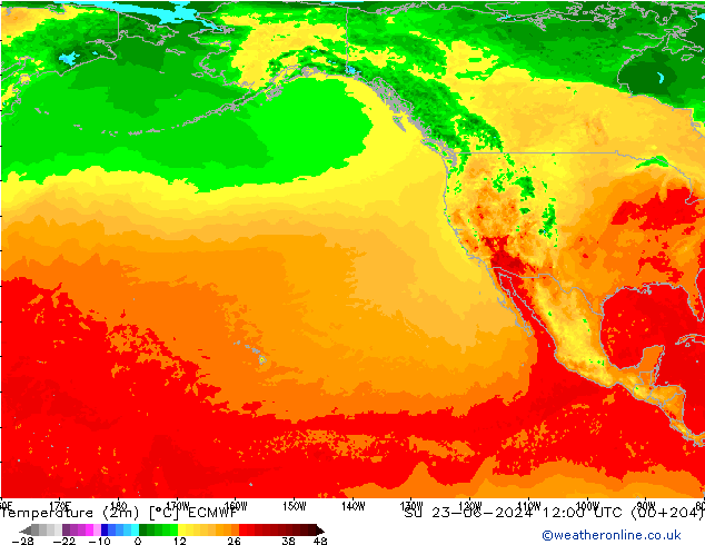 mapa temperatury (2m) ECMWF nie. 23.06.2024 12 UTC