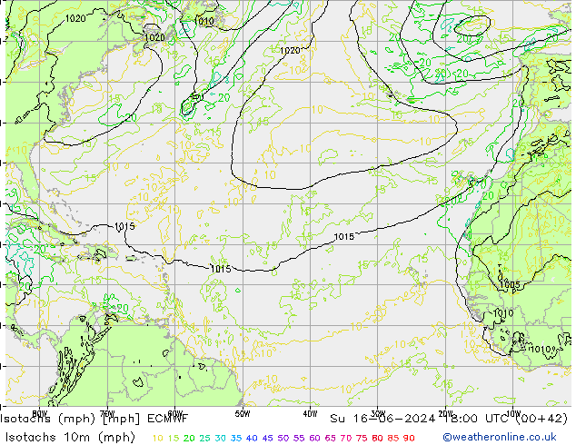 Isotachs (mph) ECMWF Вс 16.06.2024 18 UTC