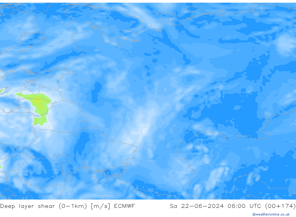 Deep layer shear (0-1km) ECMWF Sa 22.06.2024 06 UTC