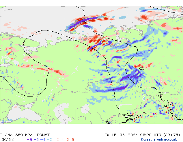 T-Adv. 850 hPa ECMWF di 18.06.2024 06 UTC