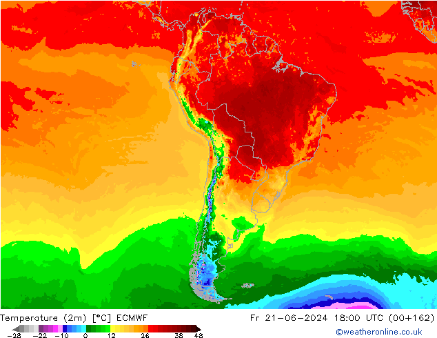 Temperature (2m) ECMWF Fr 21.06.2024 18 UTC