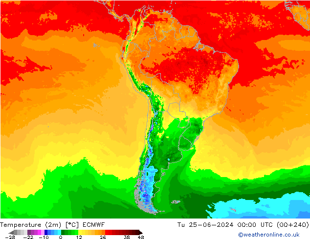 Temperature (2m) ECMWF Tu 25.06.2024 00 UTC