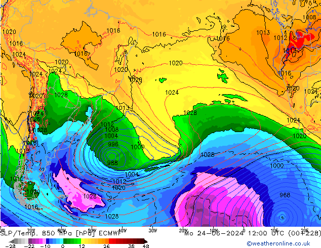 SLP/Temp. 850 hPa ECMWF Seg 24.06.2024 12 UTC