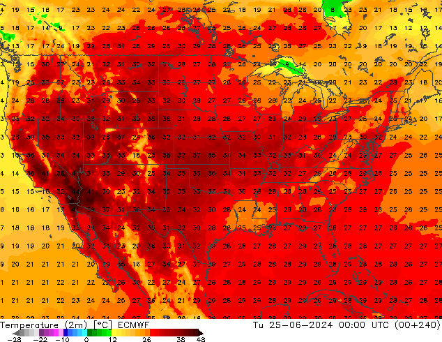 Temperatuurkaart (2m) ECMWF di 25.06.2024 00 UTC
