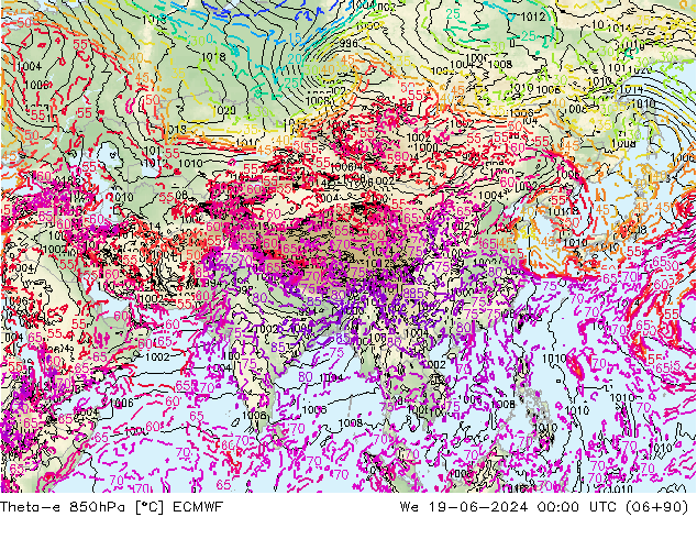 Theta-e 850hPa ECMWF We 19.06.2024 00 UTC