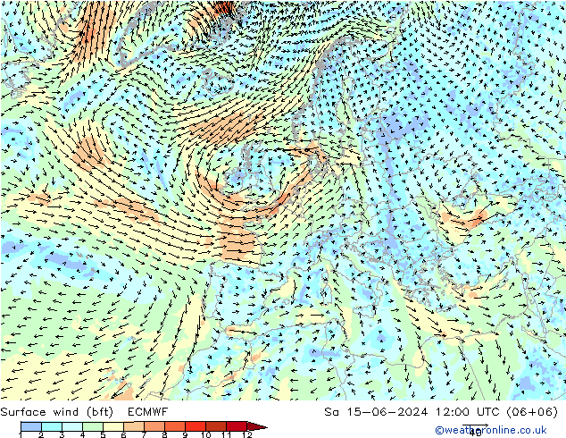 wiatr 10 m (bft) ECMWF so. 15.06.2024 12 UTC