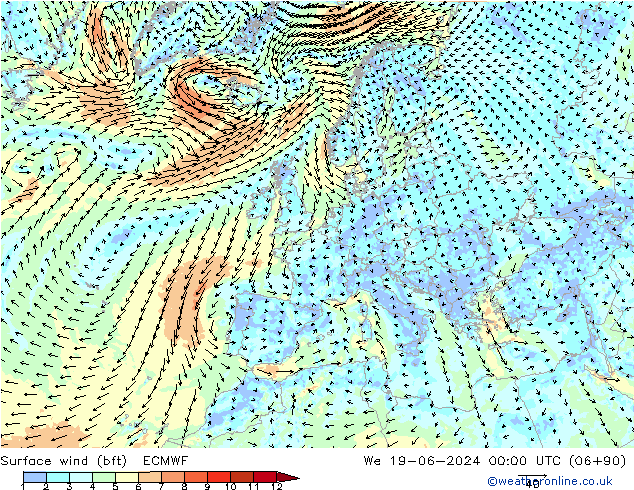 Surface wind (bft) ECMWF We 19.06.2024 00 UTC