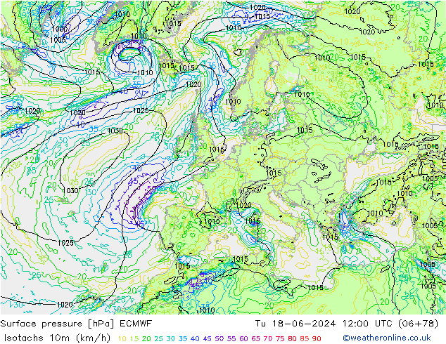 Isotachs (kph) ECMWF mar 18.06.2024 12 UTC