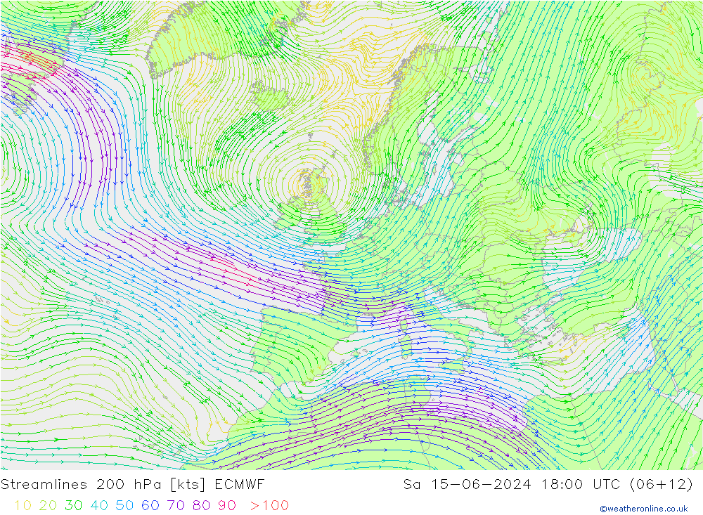 Stroomlijn 200 hPa ECMWF za 15.06.2024 18 UTC