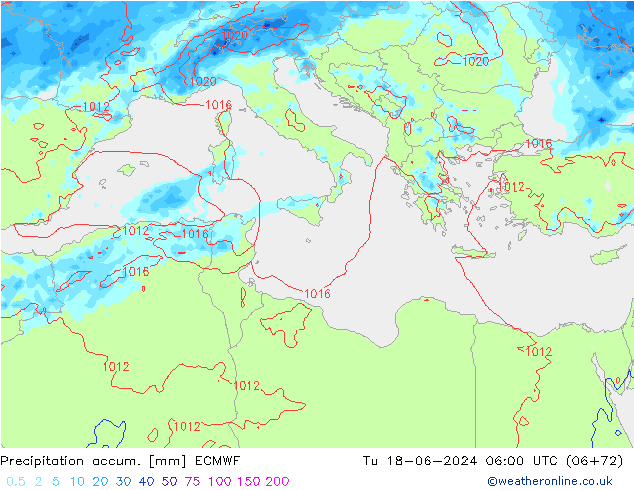 Precipitation accum. ECMWF Út 18.06.2024 06 UTC