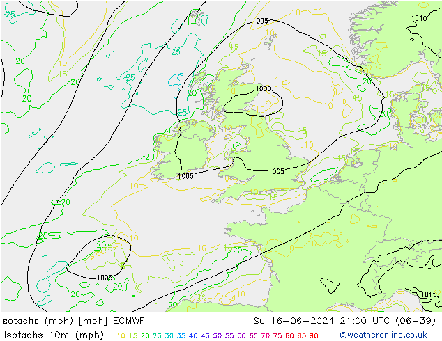 Isotachs (mph) ECMWF Su 16.06.2024 21 UTC