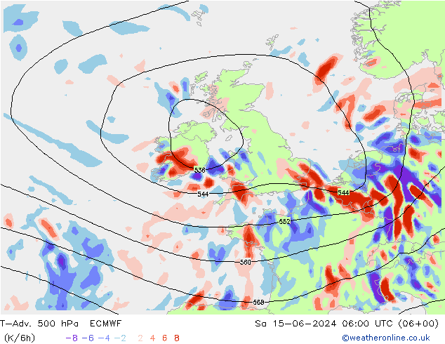 T-Adv. 500 hPa ECMWF Sa 15.06.2024 06 UTC