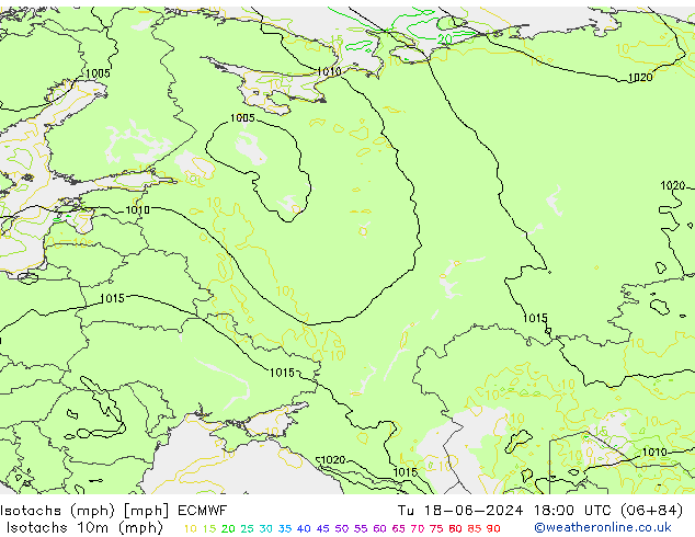 Eşrüzgar Hızları mph ECMWF Sa 18.06.2024 18 UTC