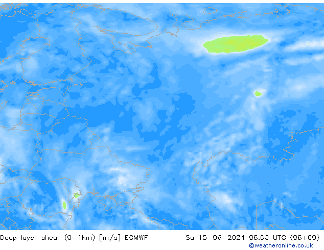 Deep layer shear (0-1km) ECMWF Sa 15.06.2024 06 UTC