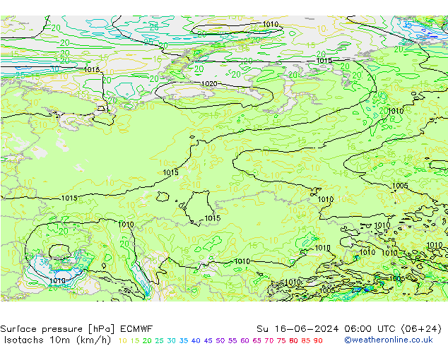 Isotachen (km/h) ECMWF So 16.06.2024 06 UTC