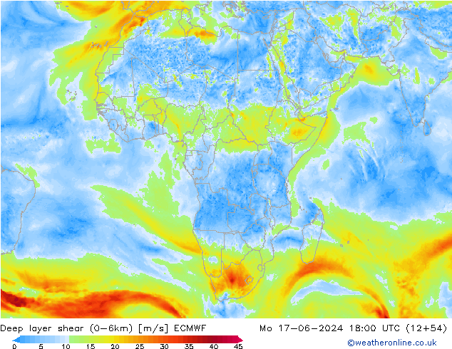 Deep layer shear (0-6km) ECMWF pon. 17.06.2024 18 UTC