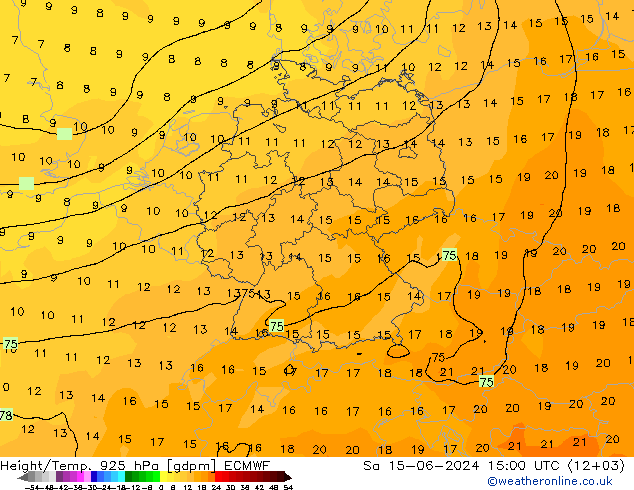 Yükseklik/Sıc. 925 hPa ECMWF Cts 15.06.2024 15 UTC