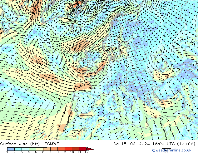 Rüzgar 10 m (bft) ECMWF Cts 15.06.2024 18 UTC