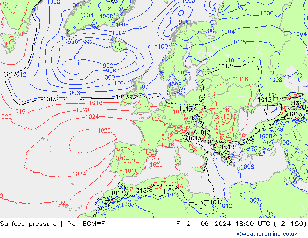 Presión superficial ECMWF vie 21.06.2024 18 UTC