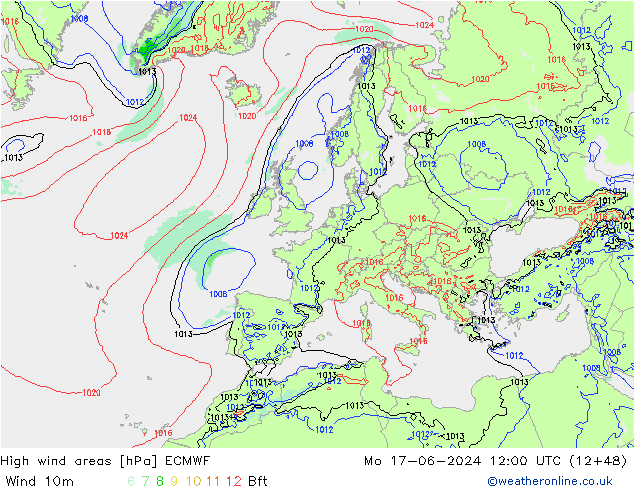 High wind areas ECMWF lun 17.06.2024 12 UTC