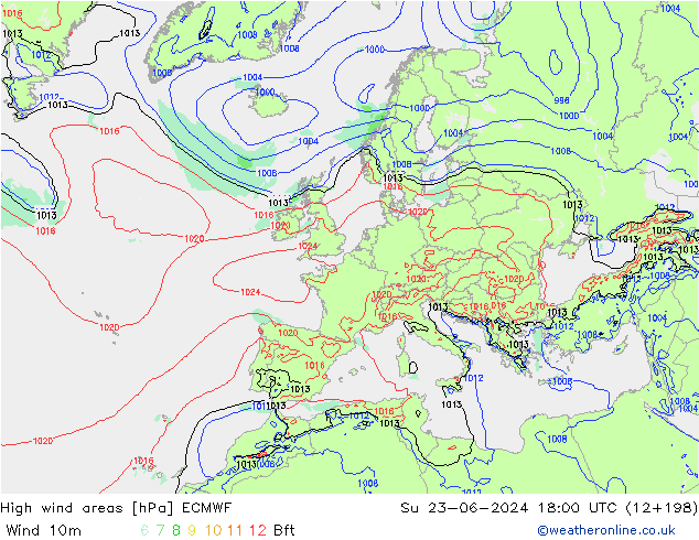yüksek rüzgarlı alanlar ECMWF Paz 23.06.2024 18 UTC