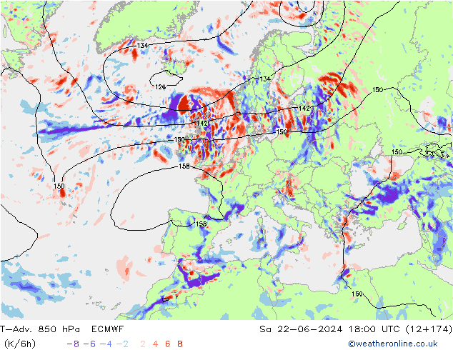 T-Adv. 850 hPa ECMWF Sa 22.06.2024 18 UTC