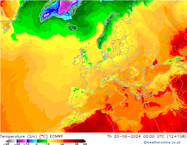 Temperatuurkaart (2m) ECMWF do 20.06.2024 00 UTC