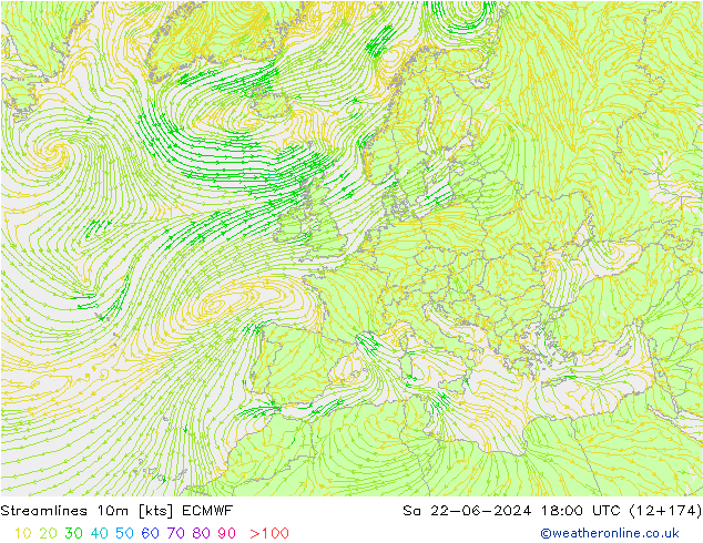Stroomlijn 10m ECMWF za 22.06.2024 18 UTC