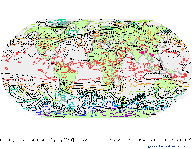 Height/Temp. 500 hPa ECMWF So 22.06.2024 12 UTC