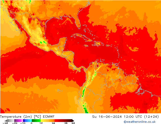 mapa temperatury (2m) ECMWF nie. 16.06.2024 12 UTC