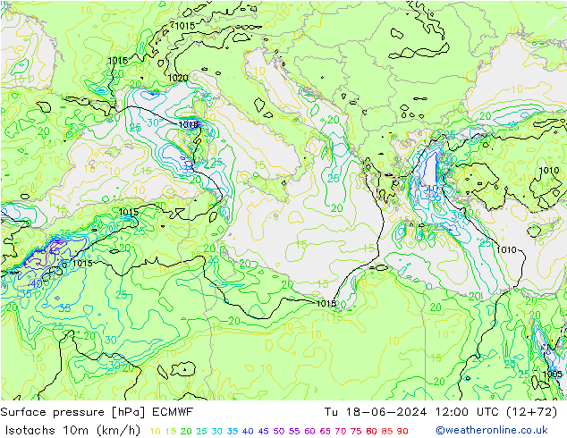 Isotachs (kph) ECMWF Út 18.06.2024 12 UTC