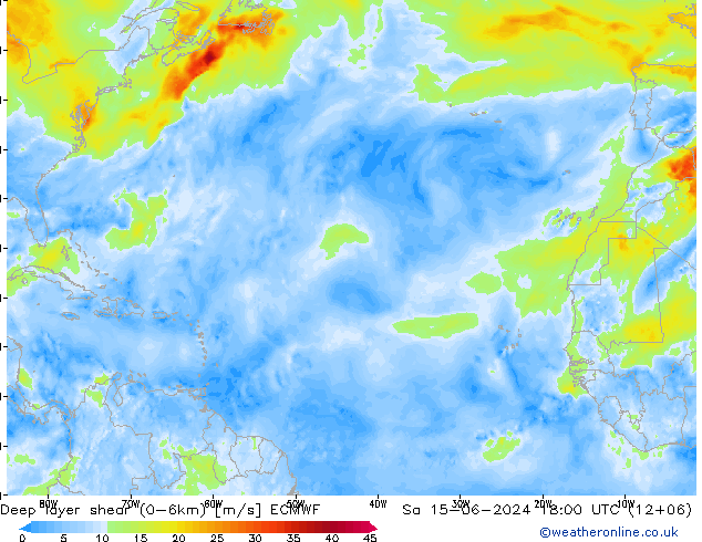 Deep layer shear (0-6km) ECMWF sáb 15.06.2024 18 UTC