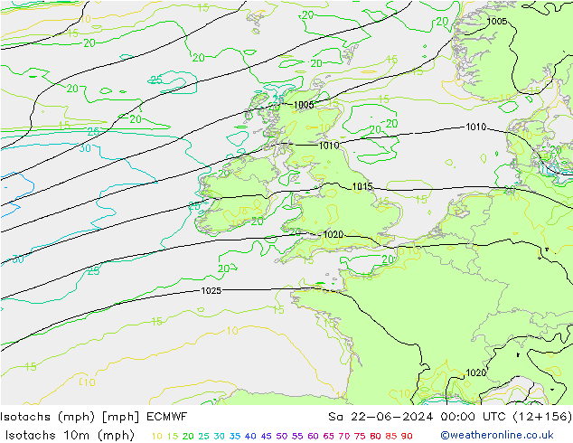 Isotachs (mph) ECMWF sam 22.06.2024 00 UTC