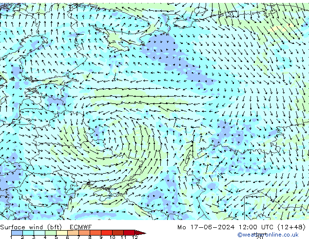 Surface wind (bft) ECMWF Mo 17.06.2024 12 UTC