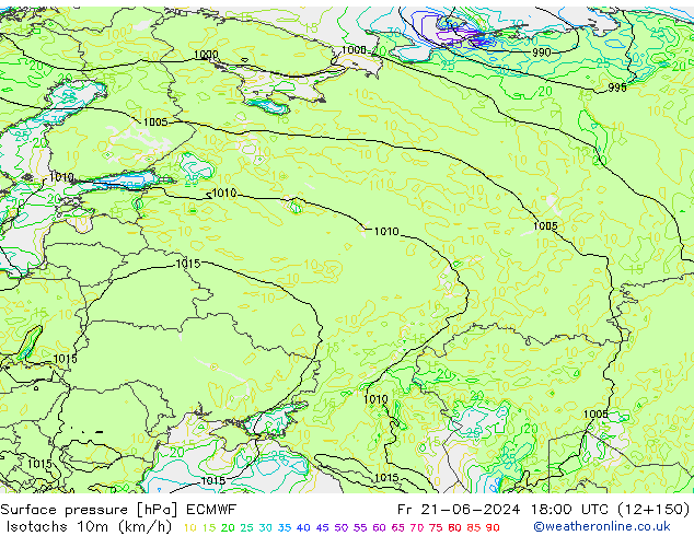 Izotacha (km/godz) ECMWF pt. 21.06.2024 18 UTC
