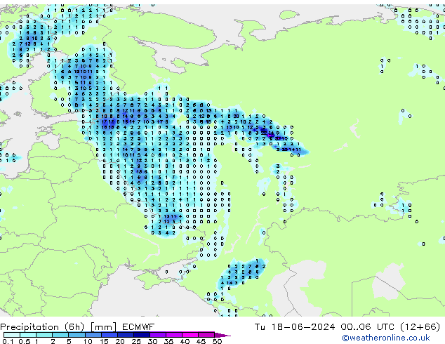 Precipitation (6h) ECMWF Tu 18.06.2024 06 UTC