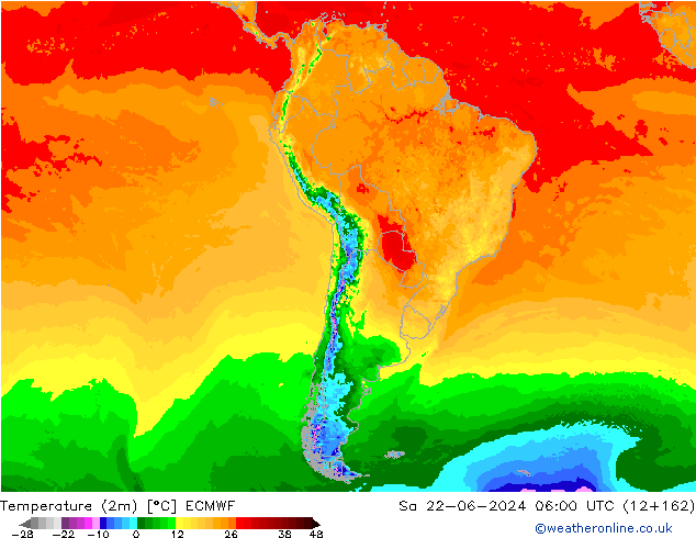 Temperature (2m) ECMWF Sa 22.06.2024 06 UTC