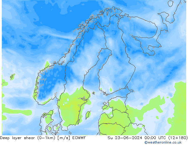 Deep layer shear (0-1km) ECMWF dim 23.06.2024 00 UTC