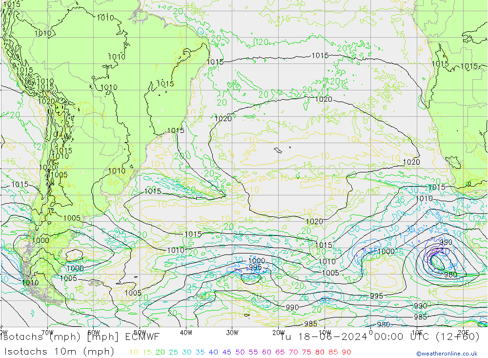 Izotacha (mph) ECMWF wto. 18.06.2024 00 UTC