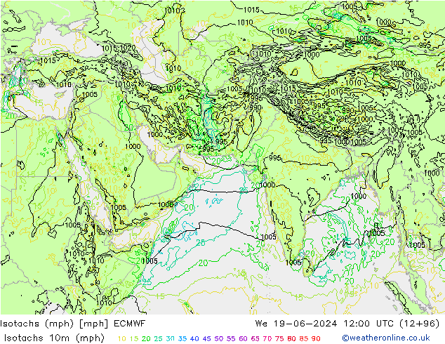 Isotachs (mph) ECMWF Qua 19.06.2024 12 UTC