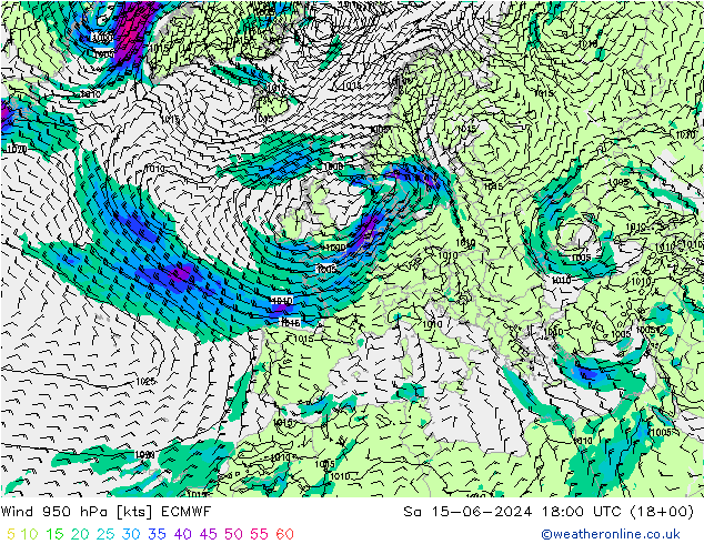 风 950 hPa ECMWF 星期六 15.06.2024 18 UTC