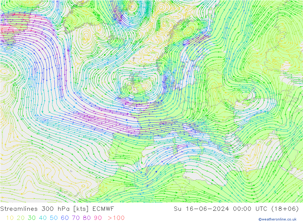 Línea de corriente 300 hPa ECMWF dom 16.06.2024 00 UTC