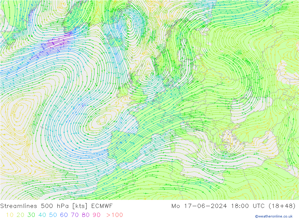 Línea de corriente 500 hPa ECMWF lun 17.06.2024 18 UTC