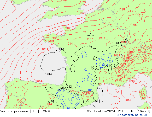 Surface pressure ECMWF We 19.06.2024 12 UTC